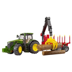 BRUDER JOHN DEERE 7R 350 WITH FORESTRY TRAILER & 4 TRUNKS