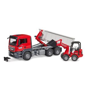 BRUDER MAN TGS TRUCK WITH ROLL OFF CONTAINER & SCHAFFER YARD LOADER